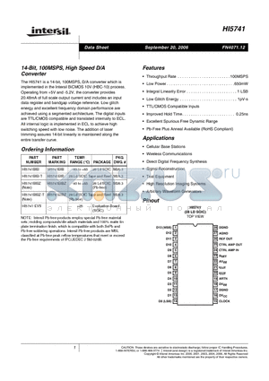 HI5741BIBZ datasheet - 14-Bit, 100MSPS, High Speed D/A Converter