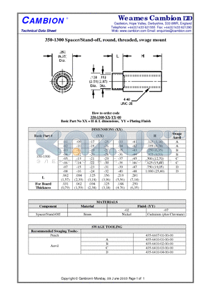 350-1300 datasheet - Spacer/Stand-off, round, threaded, swage mount