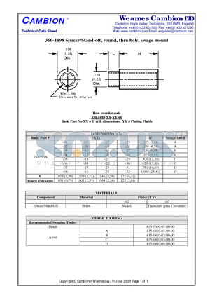 350-1498 datasheet - Spacer/Stand-off, round, thru hole, swage mount