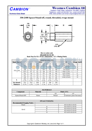 350-2188 datasheet - Spacer/Stand-off, round, threaded, swage mount
