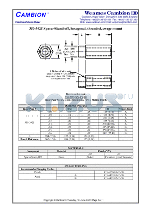 350-3925 datasheet - Spacer/Stand-off, hexagonal, threaded, swage mount