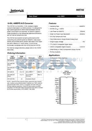 HI5746 datasheet - 10-Bit, 40MSPS A/D Converter