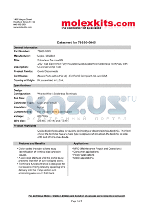 19004-0001 datasheet - .250Tab Size Nylon Fully Insulated Quick Disconnect Solderless Terminals