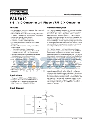 FAN5019MTC datasheet - 6-Bit VID Controller 2-4 Phase VRM10.X Controller