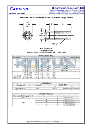 350-5183 datasheet - Spacer/Stand-off, round, threaded, swage mount