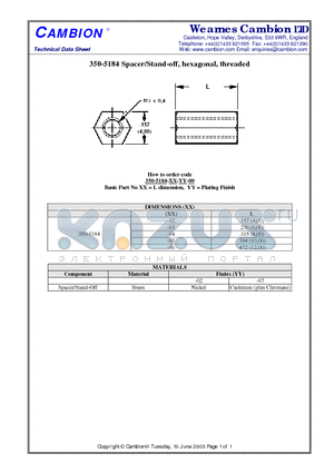 350-5184 datasheet - Spacer/Stand-off, hexagonal, threaded