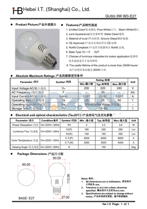 GU60-3W-W3-E27 datasheet - Emitted Color: Pure WhiteWarm White