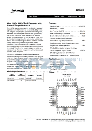 HI5762/6IN datasheet - Dual 10-Bit, 60MSPS A/D Converter with Internal Voltage Reference