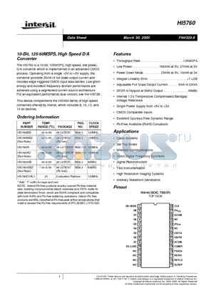 HI5760/6IBZ datasheet - 10-Bit, 125/60MSPS, High Speed D/A Converter