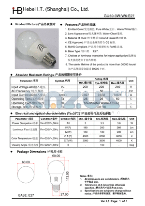 GU60-3W-W6-E27 datasheet - Emitted Color: Pure WhiteWarm White