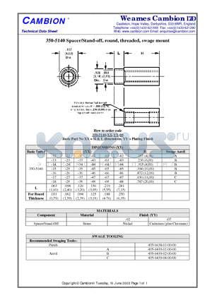 350-5140 datasheet - Spacer/Stand-off, round, threaded, swage mount