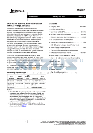 HI5762EVAL2 datasheet - Dual 10-Bit, 60MSPS A/D Converter with Internal Voltage Reference