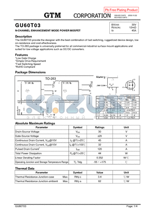 GU60T03 datasheet - N-CHANNEL ENHANCEMENT MODE POWER MOSFET