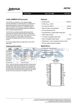 HI5766KCA datasheet - 10-Bit, 60MSPS A/D Converter