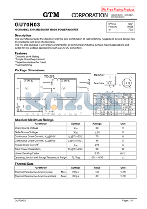 GU70N03 datasheet - N-CHANNEL ENHANCEMENT MODE POWER MOSFET