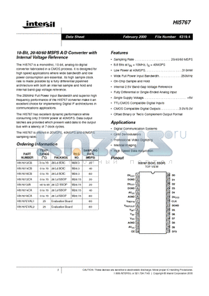 HI5767 datasheet - 10-Bit, 20/40/60 MSPS A/D Converter with Internal Voltage Reference