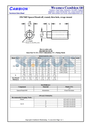 350-7405 datasheet - Spacer/Stand-off, round, thru hole, swage mount