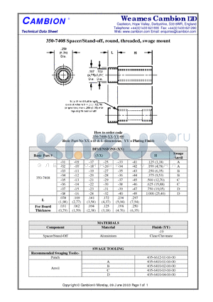 350-7408 datasheet - Spacer/Stand-off, round, threaded, swage mount