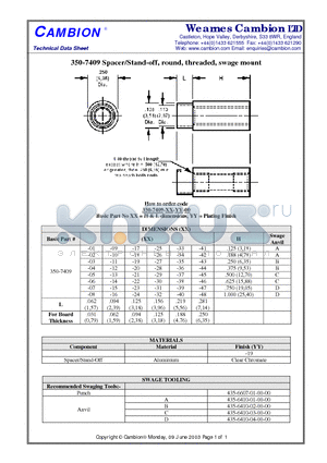 350-7409 datasheet - Spacer/Stand-off, round, threaded, swage mount