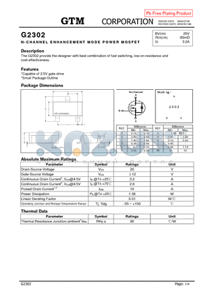 G2302 datasheet - N-CHANNEL ENHANCEMENT MODE POWER MOSFET