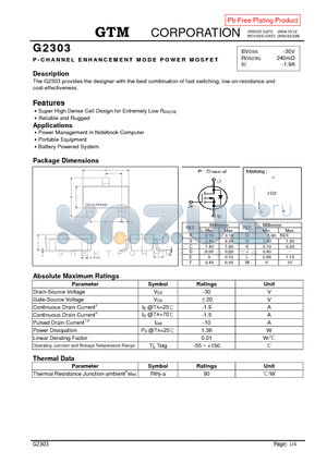 G2303 datasheet - P-CHANNEL ENHANCEMENT MODE POWER MOSFET