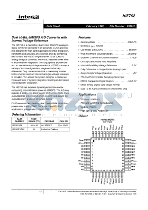 HI5762 datasheet - Dual 10-Bit, 60MSPS A/D Converter with Internal Voltage Reference