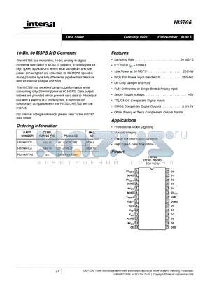 HI5766 datasheet - 10-Bit, 60 MSPS A/D Converter