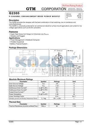 G2305 datasheet - P-CHANNEL ENHANCEMENT MODE POWER MOSFET