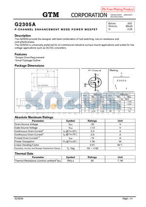 G2305A datasheet - P-CHANNEL ENHANCEMENT MODE POWER MOSFET