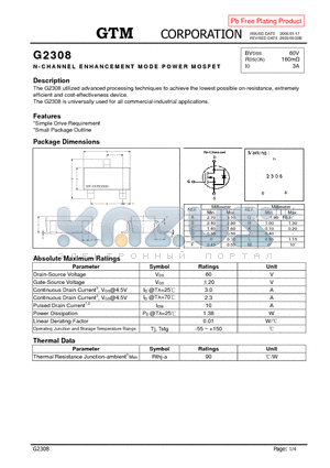 G2308 datasheet - N-CHANNEL ENHANCEMENT MODE POWER MOSFET