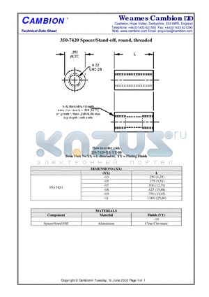 350-7420 datasheet - Spacer/Stand-off, round, threaded