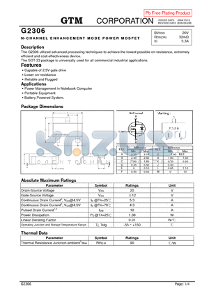 G2306 datasheet - N-CHANNEL ENHANCEMENT MODE POWER MOSFET