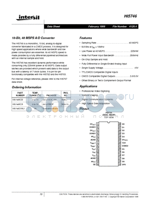 HI5746KCA datasheet - 10-Bit, 40 MSPS A/D Converter