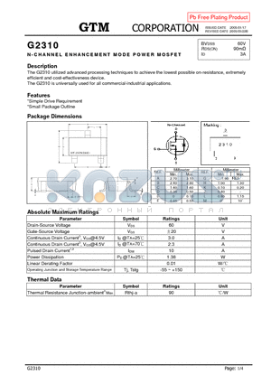 G2310 datasheet - N-CHANNEL ENHANCEMENT MODE POWER MOSFET