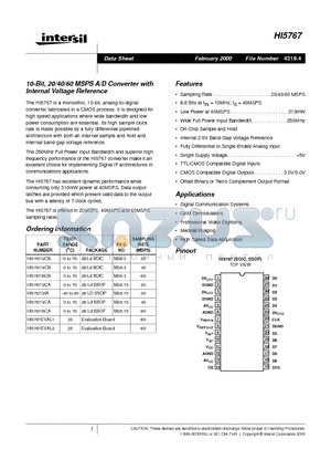 HI5767/6CB datasheet - 10-Bit, 20/40/60 MSPS A/D Converter with Internal Voltage Reference