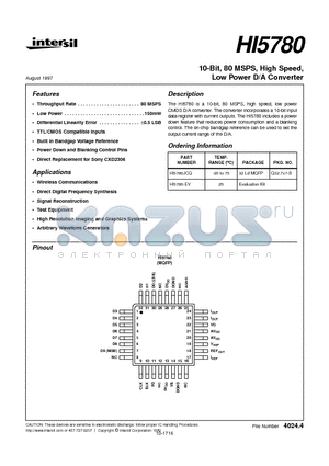 HI5780 datasheet - 10-Bit, 80 MSPS, High Speed, Low Power D/A Converter