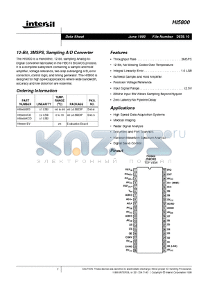 HI5800KCD datasheet - 12-Bit, 3MSPS, Sampling A/D Converter