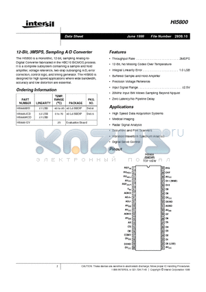 HI5800 datasheet - 12-Bit, 3MSPS, Sampling A/D Converter