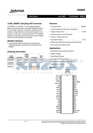 HI5800BID datasheet - 12-Bit, 3MSPS, Sampling A/D Converter