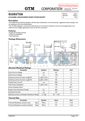 GU85T08 datasheet - N-CHANNEL ENHANCEMENT MODE POWER MOSFET