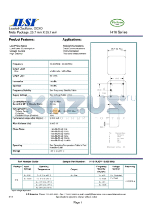 I416-53A2V-10.000 datasheet - Leaded Oscillator, OCXO Metal Package, 25.7 mm X 25.7 mm