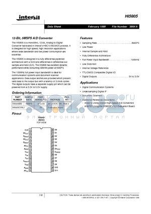 HI5805BIB datasheet - 12-Bit, 5MSPS A/D Converter