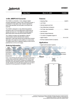 HI5805BIB datasheet - 12-Bit, 5MSPS A/D Converter