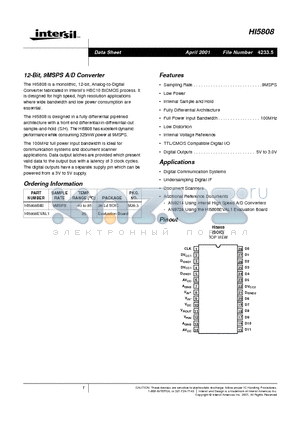 HI5808 datasheet - 12-Bit, 9MSPS A/D Converter