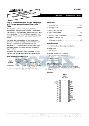 HI5810 datasheet - CMOS 10 Microsecond, 12-Bit, Sampling A/D Converter with Internal Track and Hold