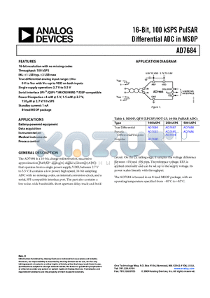 AD7684BRMRL7 datasheet - 16-Bit, 100 kSPS PulSAR Differential ADC in MSOP