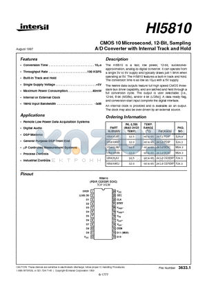 HI5810 datasheet - CMOS 10 Microsecond, 12-Bit, Sampling A/D Converter with Internal Track and Hold