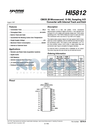 HI5812JIJ datasheet - CMOS 20 Microsecond, 12-Bit, Sampling A/D Converter with Internal Track and Hold