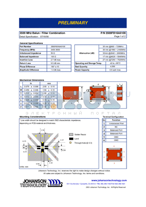3500FB16A0100 datasheet - 3500 MHz Balun / Filter Combination