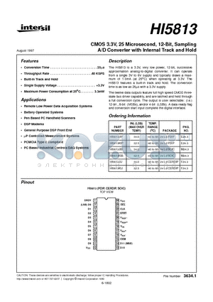 HI5813JIP datasheet - CMOS 3.3V, 25 Microsecond, 12-Bit, Sampling A/D Converter with Internal Track and Hold